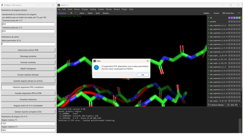PyMOL window with the PPIIMoL pane and a success dialog after detecting PPII segments.